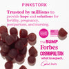 Pile of gummies spilling across the bottom left corner. List of press logos that Pink Stork has been featured in.