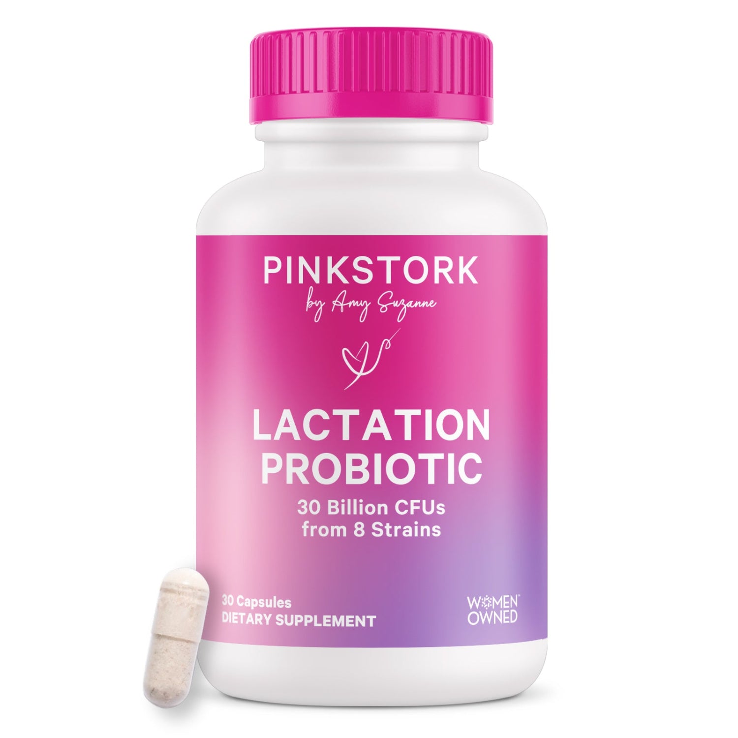 Pink Stork Lactation Probiotic supplement bottle with pink cap on a white background