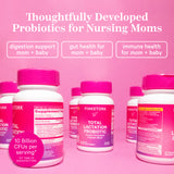 Pink Stork Total Lactation Probiotic bottles spread out facing different directions. Thoughtfully developed probiotic for nursing moms. 10 Billion CFUs per serving.