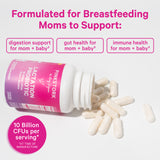 Pink Stork Lactation Probiotic bottle laying on its side with capsules spilling out into a pile. Formulated for Breastfeeding Moms. 10 billion CFUs per serving.