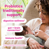 Woman looking down at her baby while it breastfeeds. Probiotics traditionally support digestive wellness, gut + brain connection, and immune health.