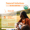 Woman breastfeeding her son in a field looking off in the distance. Natural solutions - let the milk flow. USDA Organic.