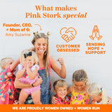 Amy Suzanne with her children smiling and embracing. What makes Pink Stork special. We are proudly women owned + women run.