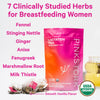 Pouch of Pink Stork Lactation Tea Smooth Vanilla with tea sachets to the left and a cup of tea with a sachet brewing on the right. 7 clinically studied herbs for breastfeeding women. USDA organic.