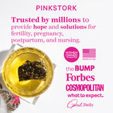 Overhead look at a cup of tea with a sachet next to it. List of press that Pink Stork has been featured in.