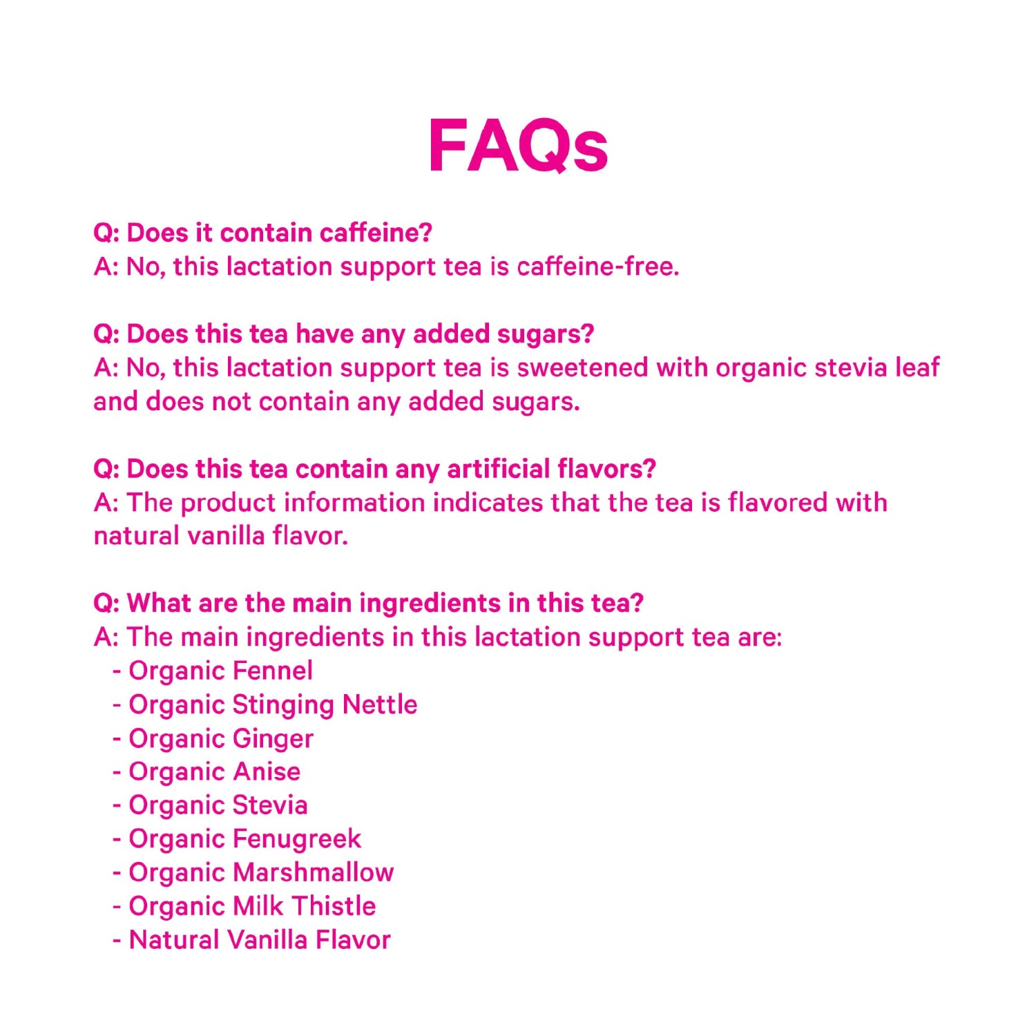 FAQs section about a lactation support tea on a white background