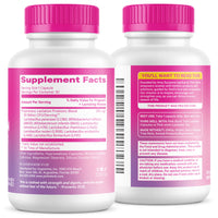 Two supplement bottles with pink caps and labels on a white background