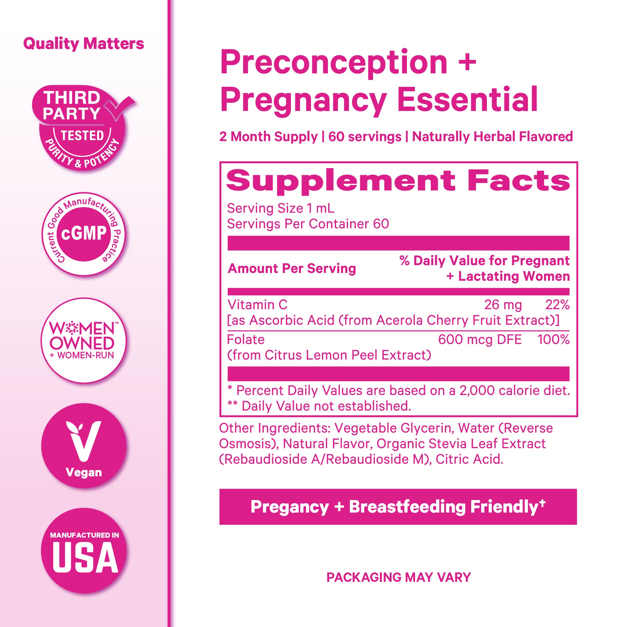 Pink Stork Liquid Folate supplement facts panel with folate and vitamin C
