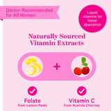 Graphics of fruits that make the product. Naturally sourced vitamin extracts.