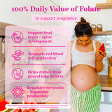 Pregnant woman looking down while holding a slice of watermelon. 100% daily value of folate to support pregnancy.