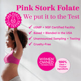 Pregnant woman stretching and looking out a window. Pink Stork Folate - we put it to the test.