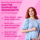 A smiling pregnant woman. Nourishing healthy bonds. Doctor Supported ingredients for TTC and Pregnancy. Fetal neural tube + spine formation. Fetal eye + nervous system development. Healthy cell production + cognitive health.