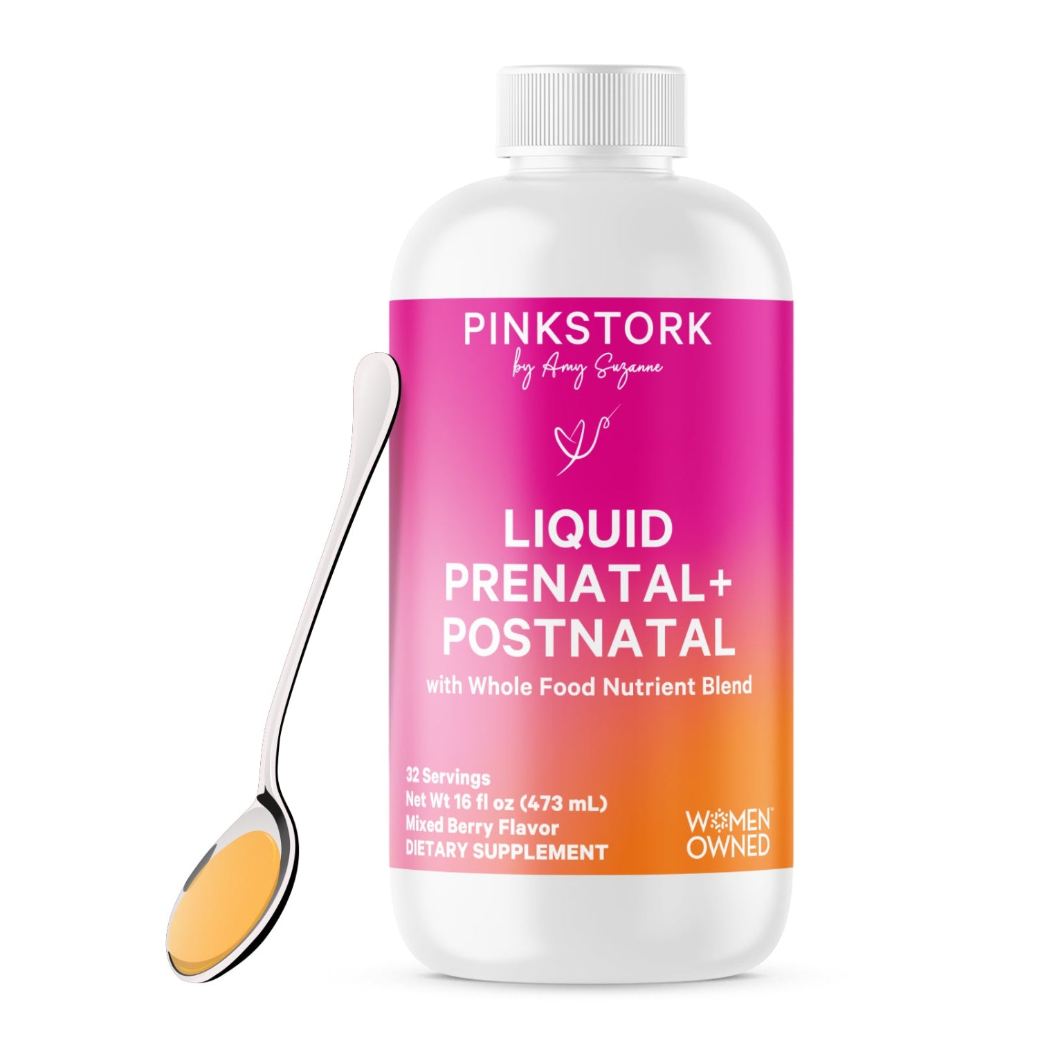 Pink Stork Liquid Prenatal and Postnatal supplement bottle with a spoon on a white background