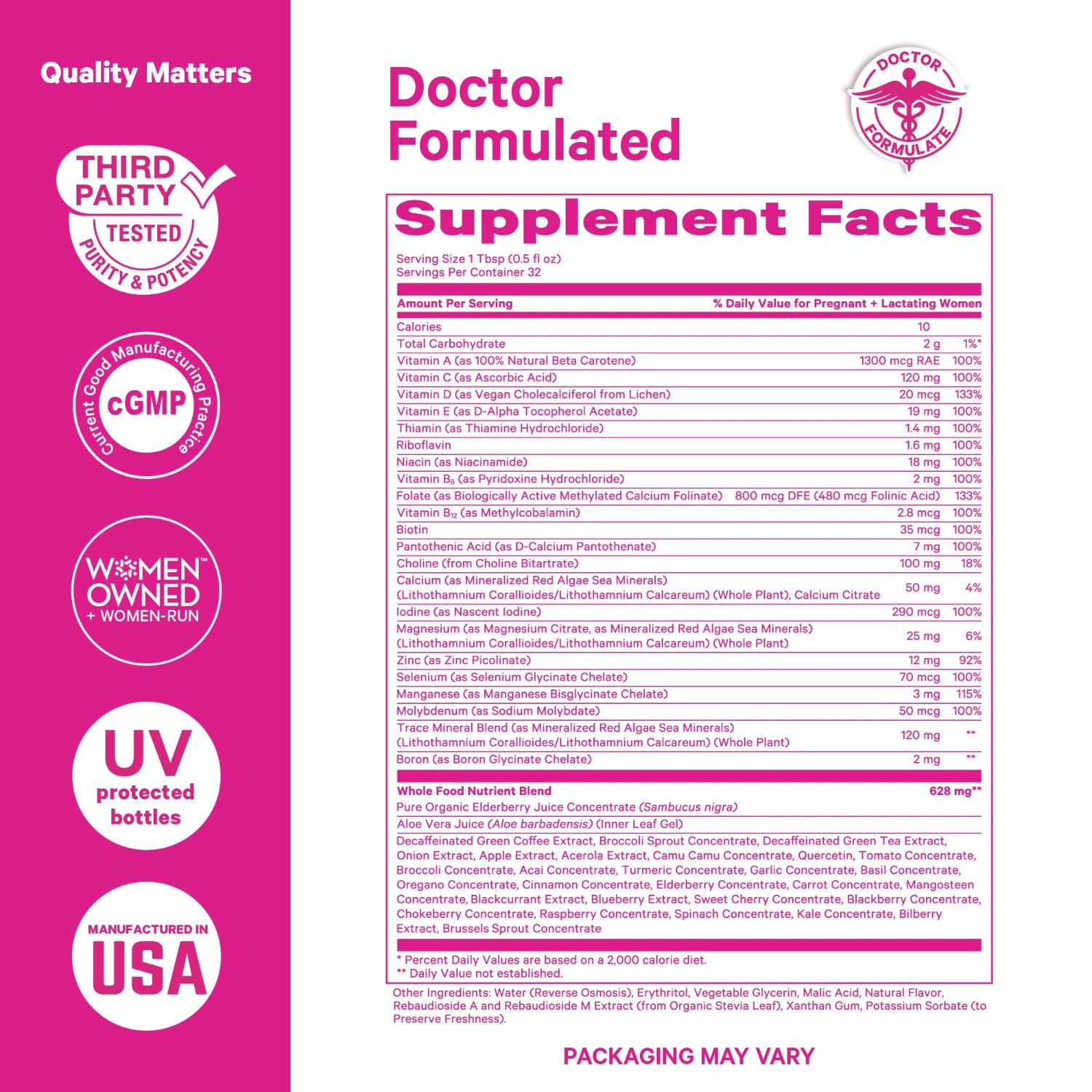 Supplement facts label with various certifications on a pink background