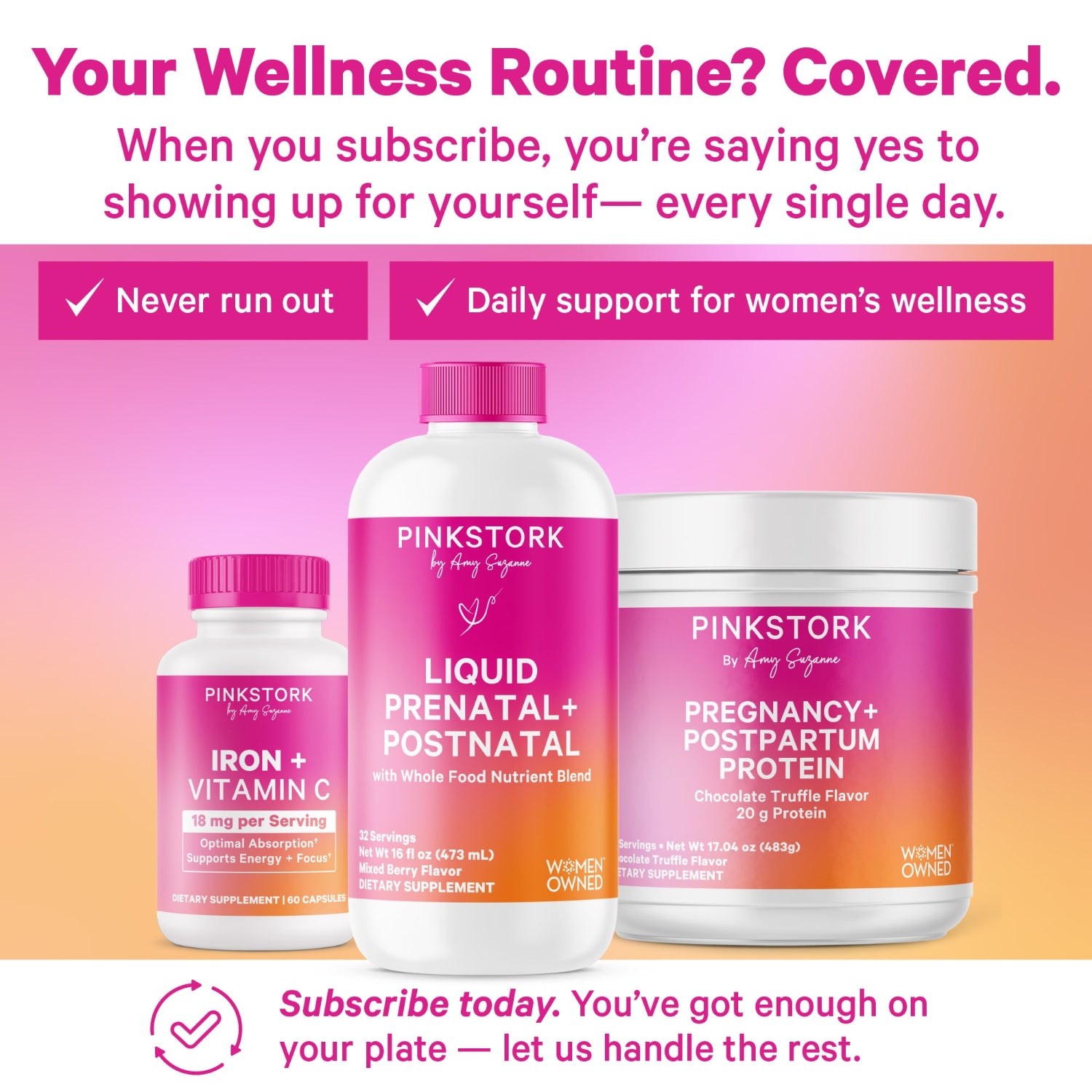 Pink Stork pregnancy and postpartum supplement products on a pink and orange gradient background with promotional text.