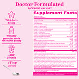 Heading: Doctor Formulated. Subheading: Packaging May Vary. Left side callouts: Third party Tested, White UV protected bottle for vitamin quality, cGMP certified, 1TBSP per day serving size. Right side: Supplement Facts Panel showing all ingredients of product. 