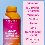 Bottle of Pink Stork Liquid Prenatal + Postnatal with the liquid dripping down  the top of it next to a list of ingredients.