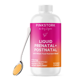 Pink Stork Liquid Prenatal + Postnatal with spoon leaning against it.