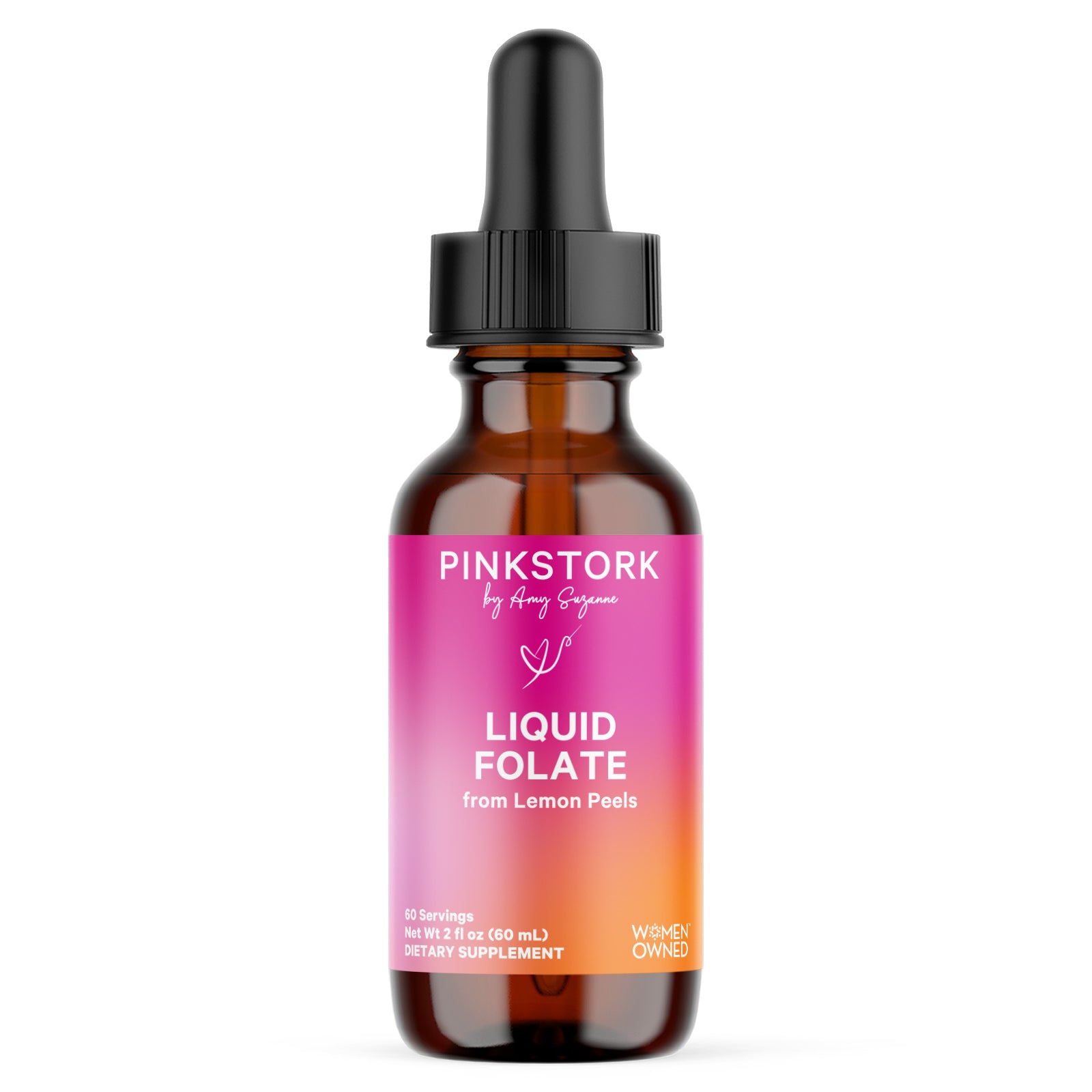 Bottle of Pink Stork Liquid Folate supplement with a pink label on a white background