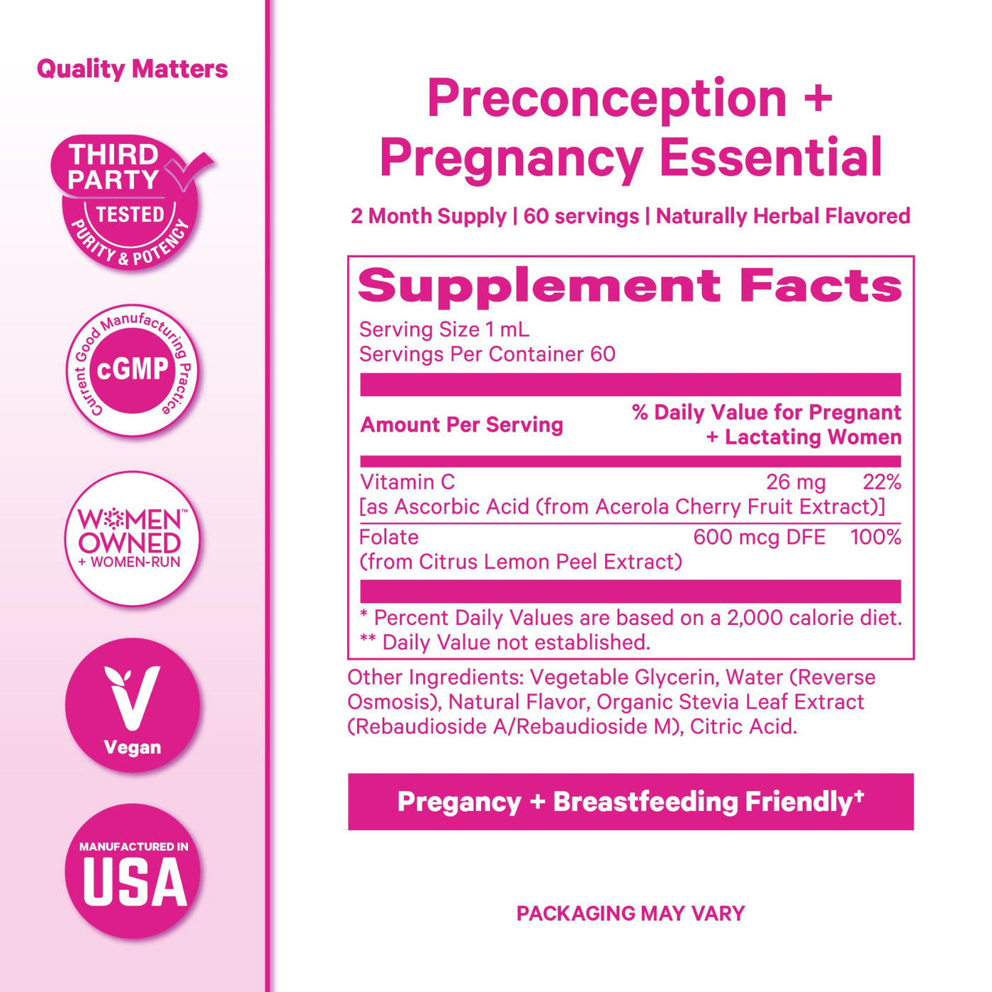 A supplement facts label for a prenatal supplement called Preconception + Pregnancy Essential. The label features a white background with pink and magenta text and graphics, including a sidebar with icons for 'THIRD PARTY TESTED', 'cGMP', 'WOMEN OWNED', and 'MADE IN USA'.