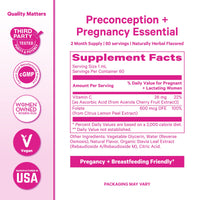 A supplement facts label for a prenatal supplement called Preconception + Pregnancy Essential. The label features a white background with pink and magenta text and graphics, including a sidebar with icons for 'THIRD PARTY TESTED', 'cGMP', 'WOMEN OWNED', and 'MADE IN USA'.