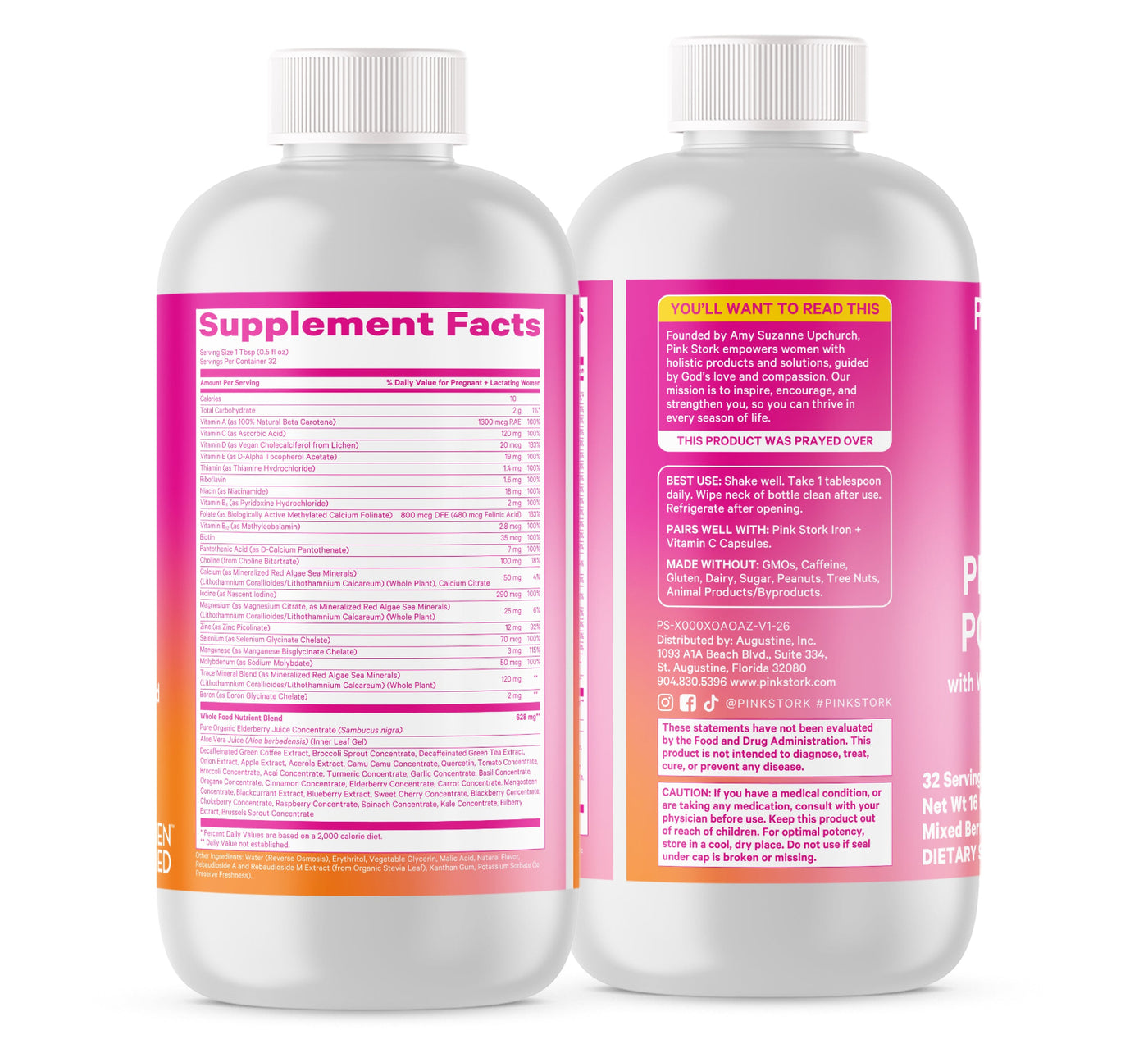 Two white plastic bottles of dietary supplement shown side by side, displaying the front and back labels. The labels feature a bright pink and orange design with white text.