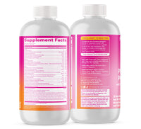 Two white plastic bottles of dietary supplement shown side by side, displaying the front and back labels. The labels feature a bright pink and orange design with white text.