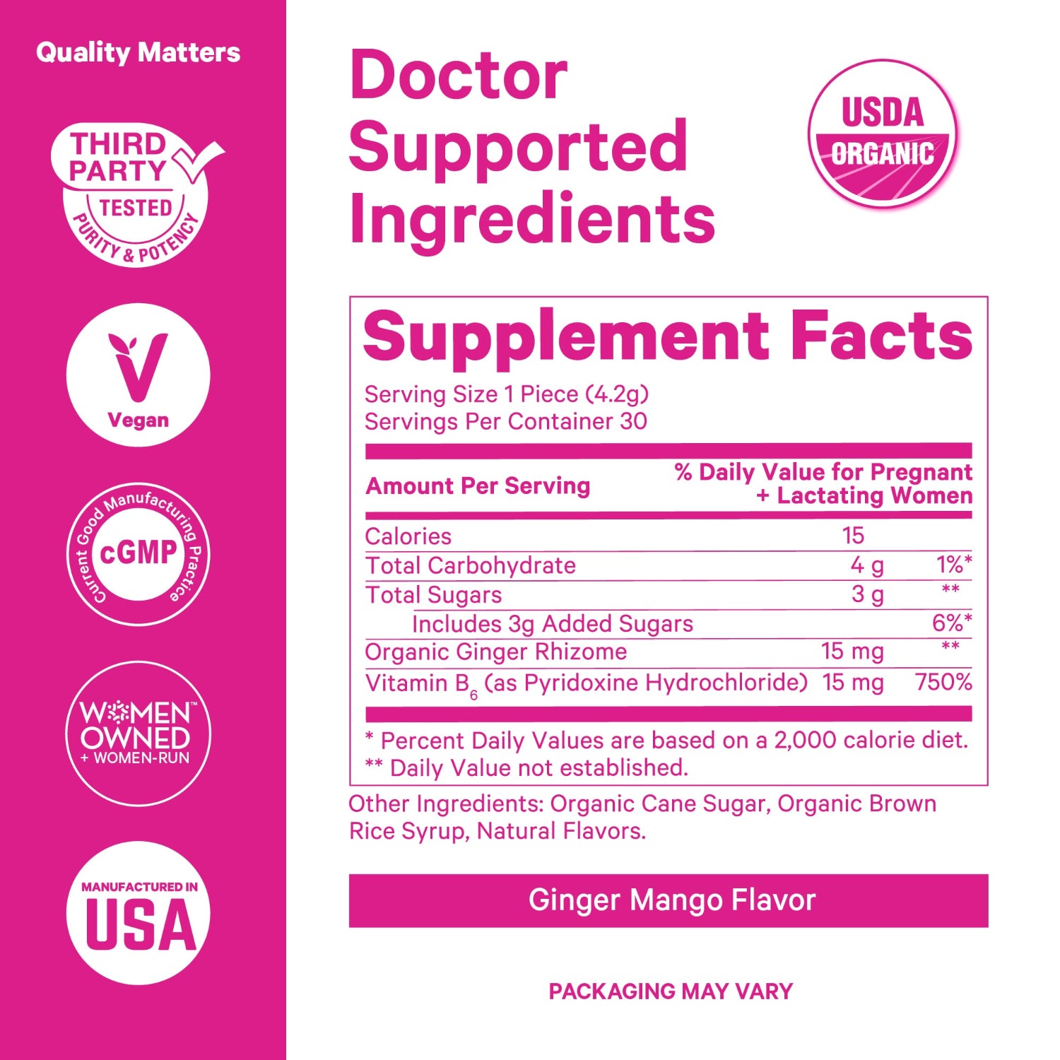 Supplement package with branding and certification logos on a pink background