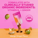 An image of someone holding a package of Morning Sickness Sweets with mangos and ginger lying around it. Formulated with clinically studied organic ingredients: Vitamin B6 + Ginger.