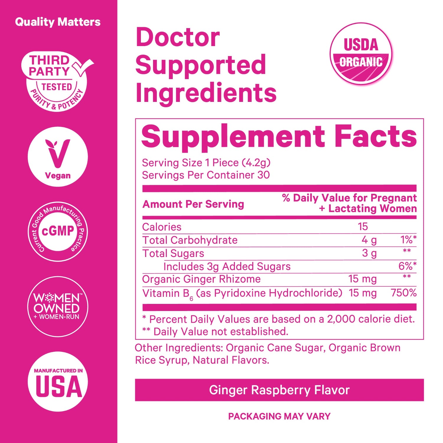 Supplement label with various certifications and ingredient details on a pink background