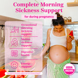 Woman looking down at her pregnant belly while holding a piece of watermelon. Complete morning sickness support for during pregnancy. Occasional morning sickness support. Motion sickness support. Digestive health. Energy support. USDA organic.