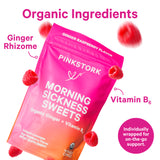 Pink Stork Morning Sickness Sweets Ginger Raspberry pouch floating with raspberries floating around it. Organic ingredients - ginger rhizome and vitamin b6.