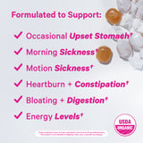 Pile of sweets wrapped and unwrapped spilling across the top right corner. Formulated to support occasional upset stomach, morning sickness, motion sickness, energy levels, and more.