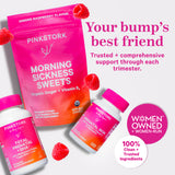 Pink Stork Morning Sickness Sweets Ginger Raspberry, Prenatal Iron, and Total Prenatal floating with raspberries floating around them. Your bump's best friend.