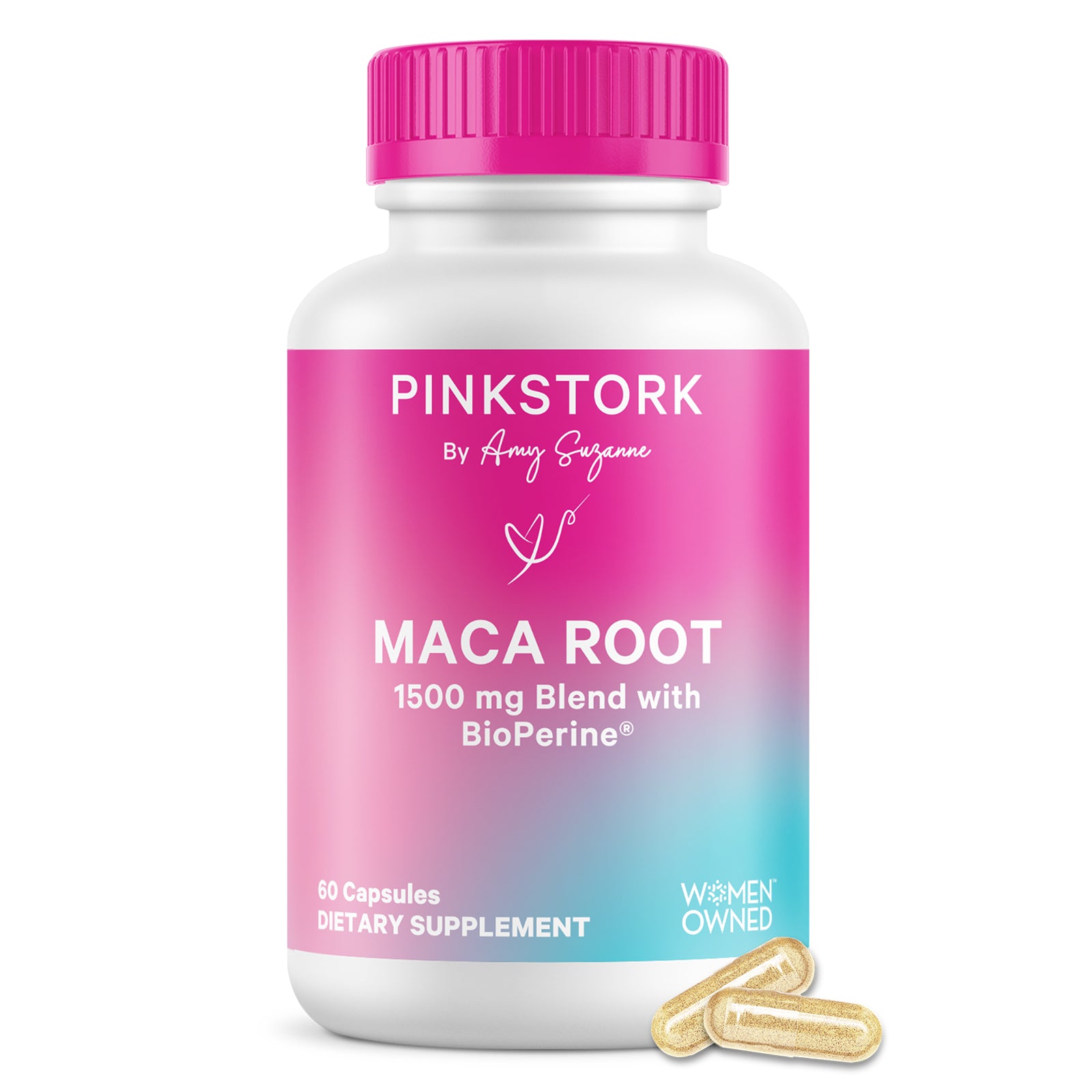 Pink Stork Maca Root supplement bottle with pink cap on a white background