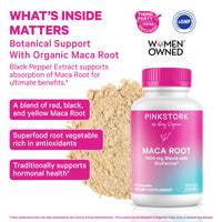 Pink Stork Maca Root supplement bottle with maca powder on a white background