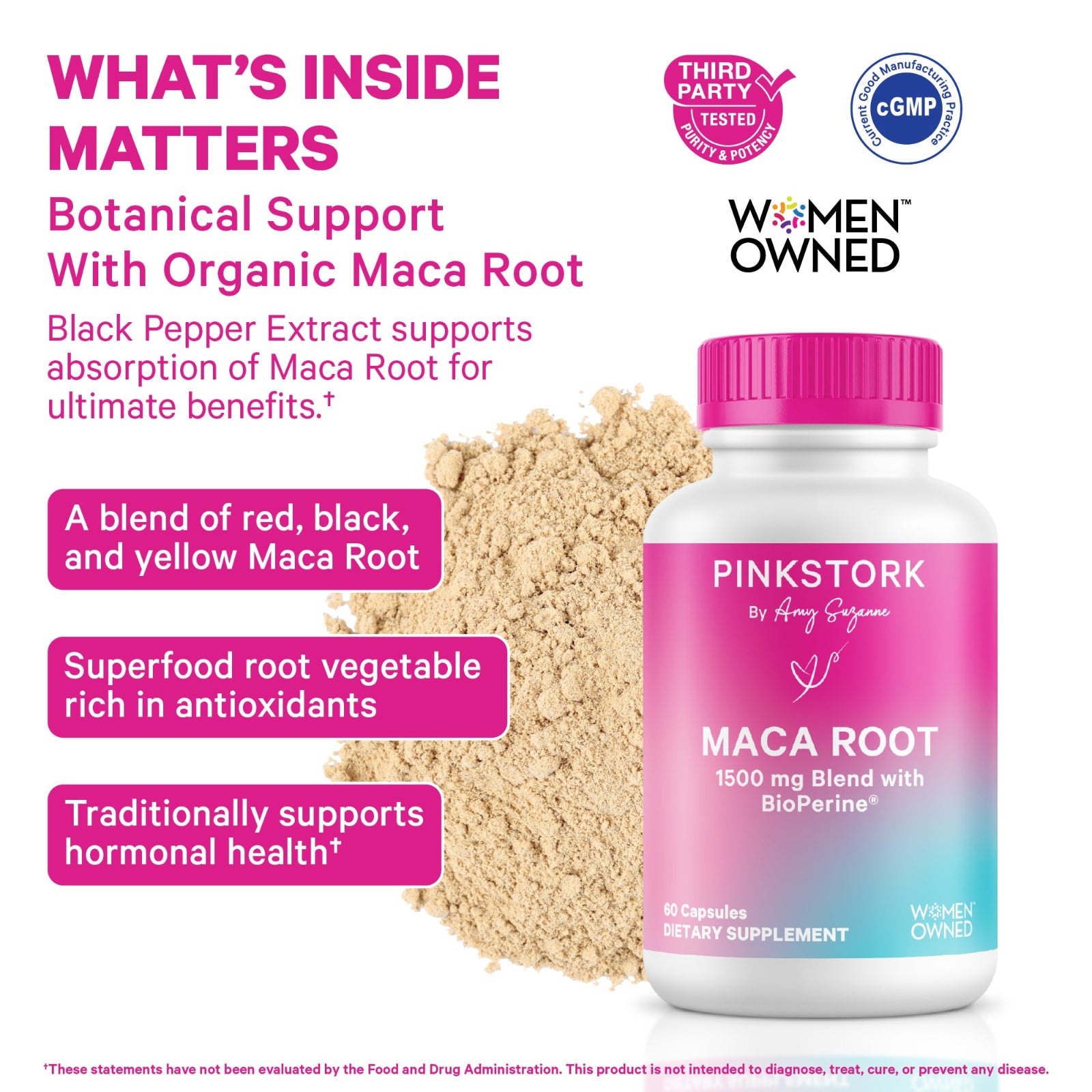 Pink Stork Maca Root supplement bottle with maca powder on a white background