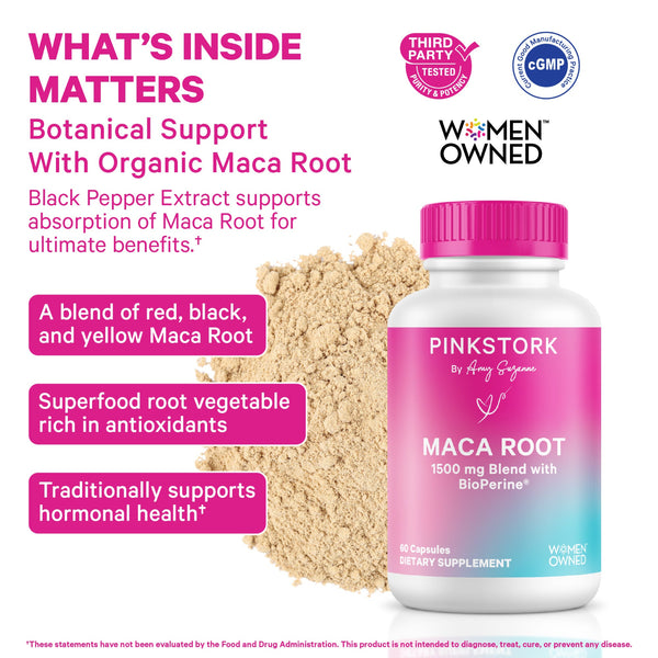 Pink Stork Maca Root supplement bottle with maca powder on a white background