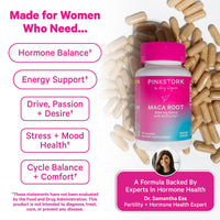 Pink Stork Maca Root supplement bottle with pills and promotional text on a white background