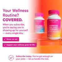 Two bottles of Pink Stork supplements on an orange background with promotional text.
