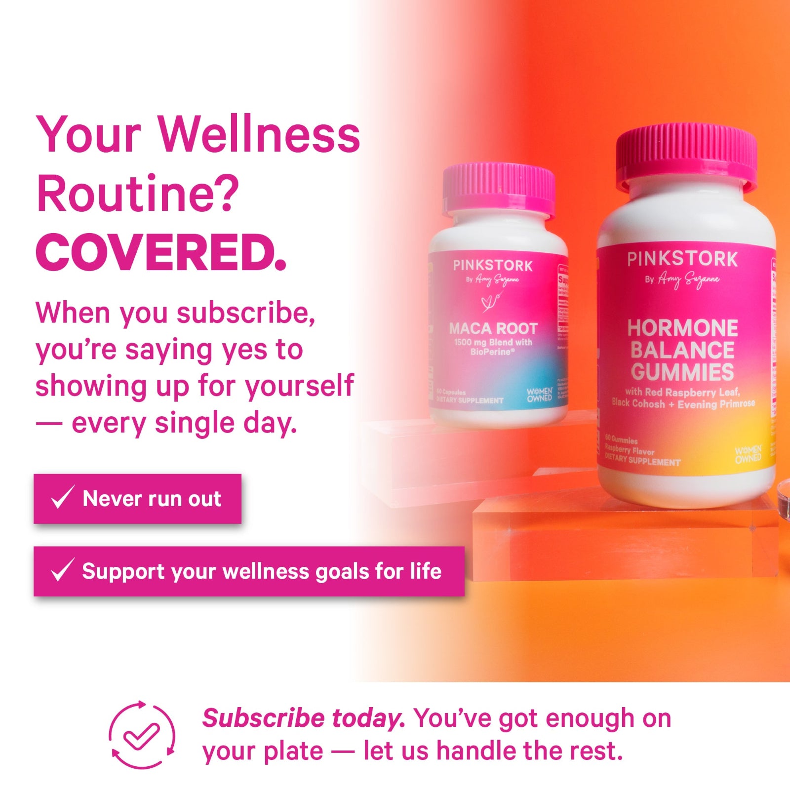 Two bottles of Pink Stork supplements on an orange background with promotional text.