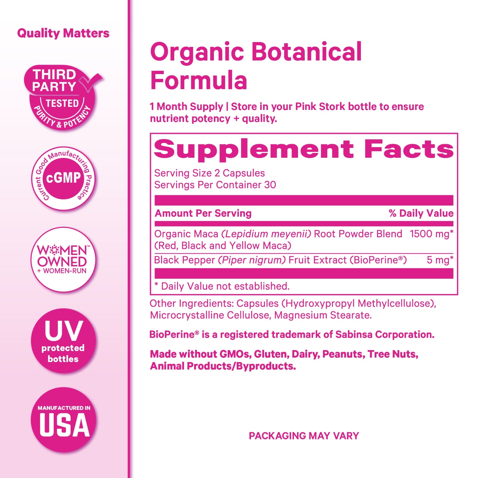 Supplement label for Organic Botanical Formula with various certifications and facts.