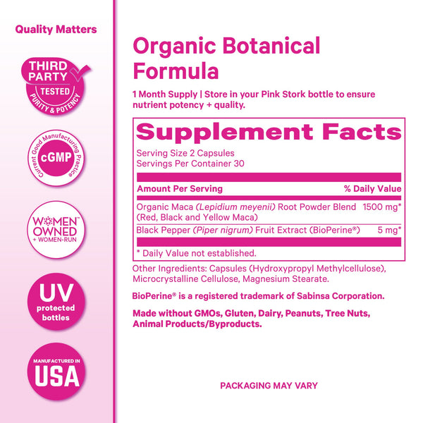 Supplement label for Organic Botanical Formula with various certifications and facts.