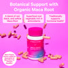 Pink Stork Maca Root with capsules floating around it. Botanical support with organic Maca Root.