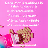 Pink Stork Maca Root bottle laying down with capsules spilling it. Maca Root is traditionally taken to support hormonal balance, follicle + egg health, and mood health.