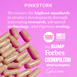 Pile of vitamin capsules spilling across page. List of logos of press that Pink Stork has been featured in.