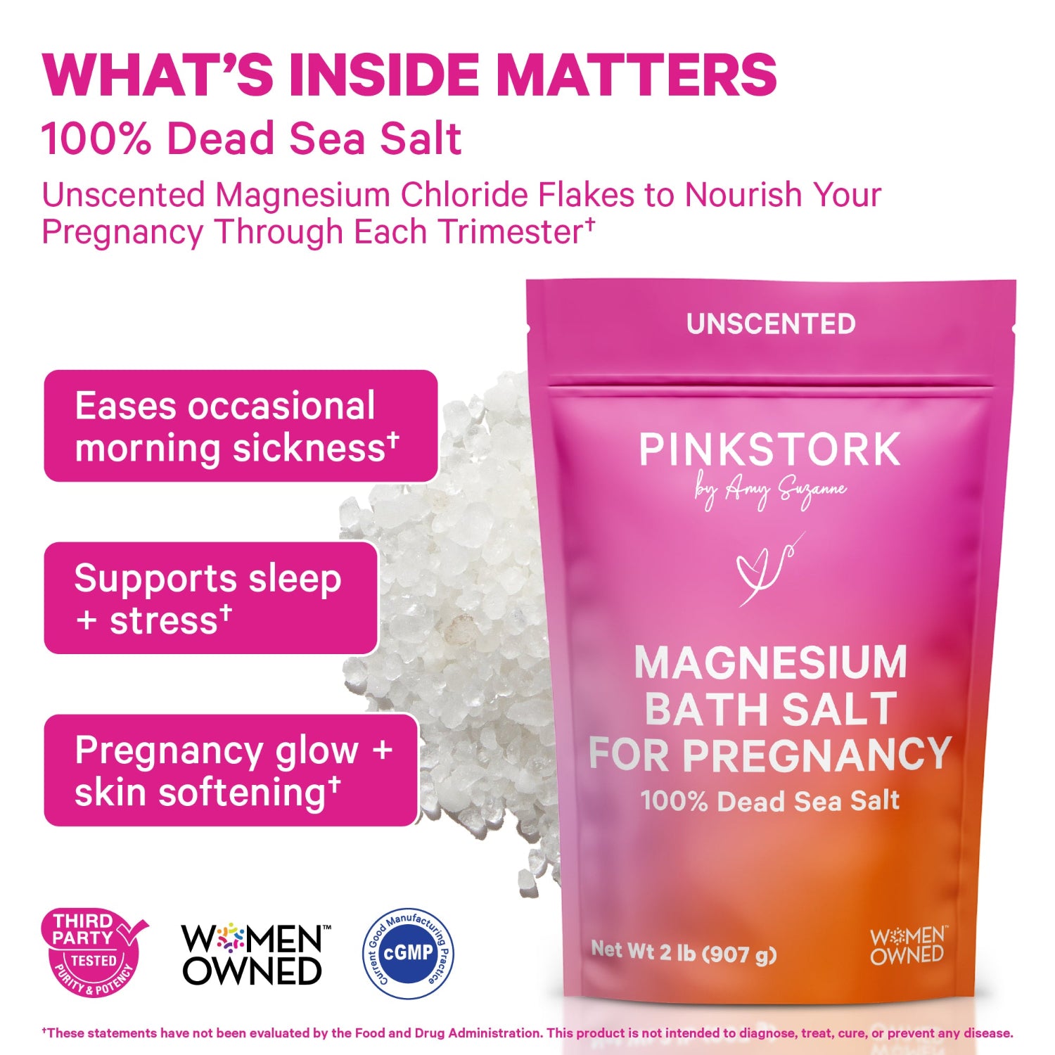 Pink Stork magnesium bath salt packaging for pregnancy with text highlighting benefits on a white background.