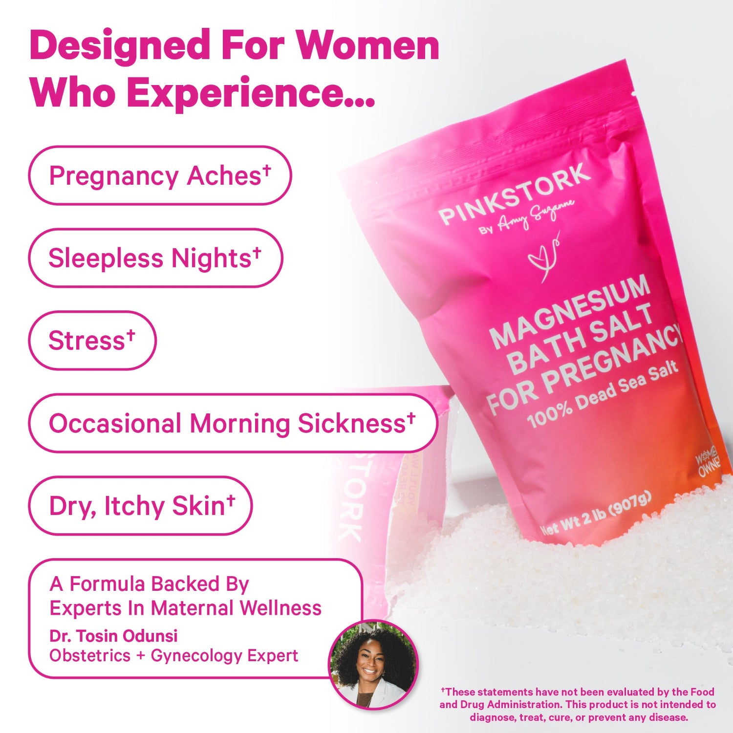 Pink packaging of Pink Stork magnesium bath salt for pregnancy with text highlighting benefits on a white background.