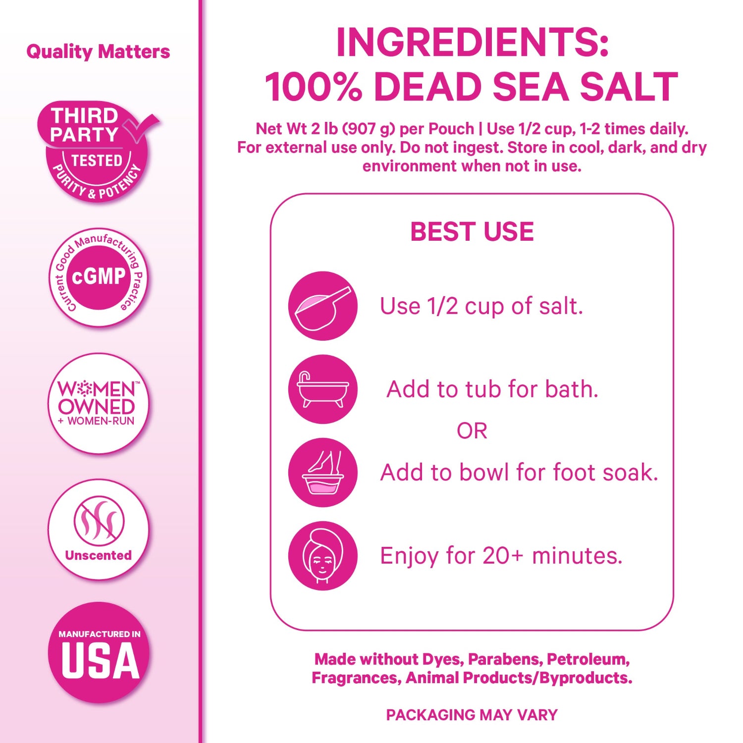 Dead Sea salt packaging with ingredient list, usage instructions, and certification logos on a pink background.