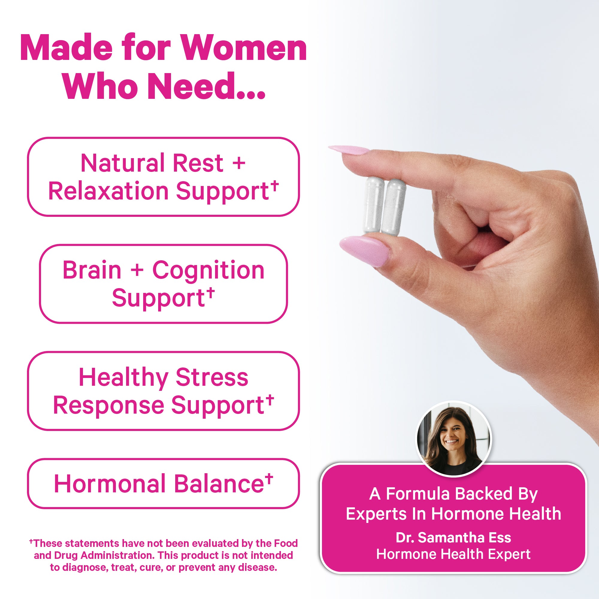 Product packaging with text highlighting benefits for women and a hand holding the product.